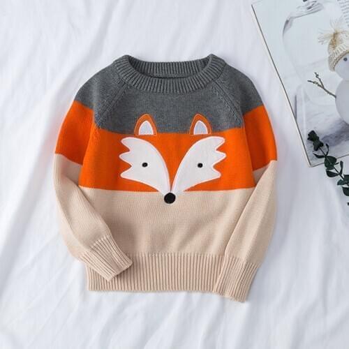 Childrens Sweater Embroidery Cartoon Fox Pullover Sweater Autumn Winter Cotton Kids Clothes Baby Girls Boys Knitted Sweater