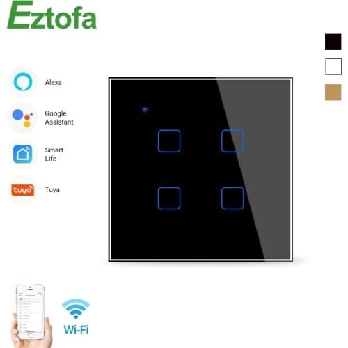 Eztofa EU / UK Standard 4 Gang 1 Way Switch AC110V ~ 240v Crystal Light Panel Glass Switch, Wall Touch Light Switch