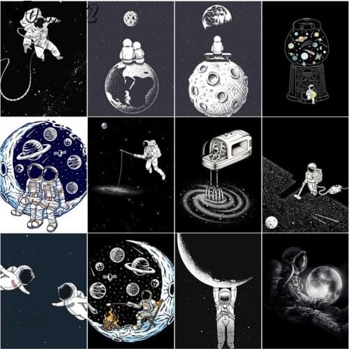Astronaut Diamond Painting Black and White Cartoon 5D Diy Hand-Inlaid Cross-Stitch Embroidery Mosaic Kit Wall Decoration Craft