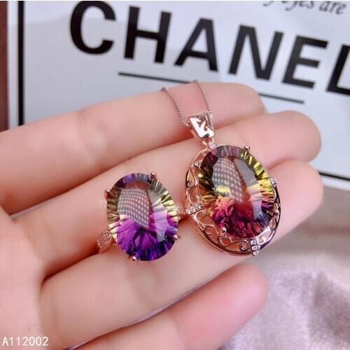 KJJEAXCMY fine jewelry Ametrine 925 sterling silver women gemstone pendant necklace chain ring set lovely hot selling