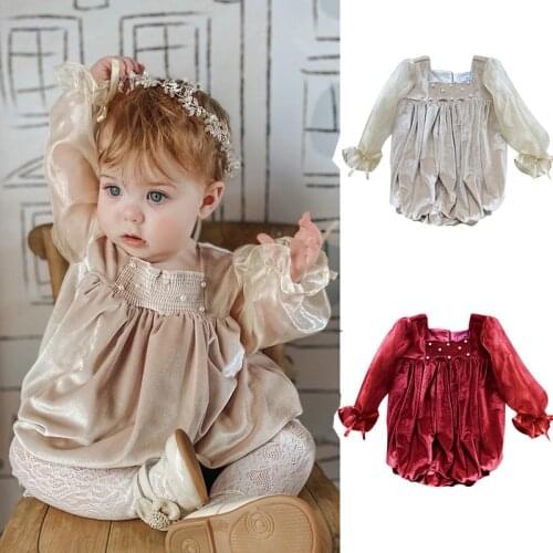 Ins Babys Girls Bow Velvet Princess Romper Pleated Bodysuits Vintage Newborn Todder Infant Birthday Party Pearl Jumpsuits 0-4T