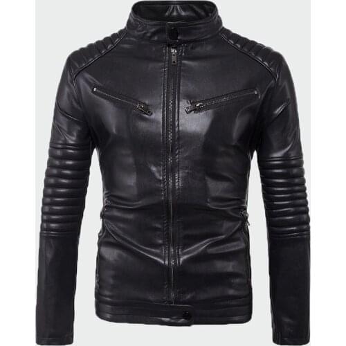 2109 New Autumn Men PU Leather Jacket Stand Collar Motorcycle Biker Over Size Jackets Casual Fashio Outwear Coat Black Zip ML283