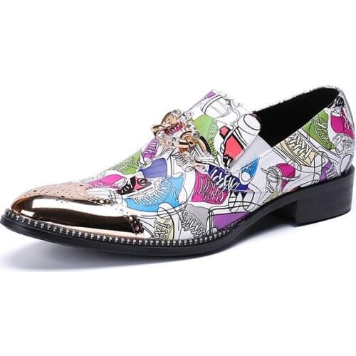 2021 New Fashion Genuine Leather Print Men Oxford Dress Shoes Bullock Party Wedding Shoes Luxury Crystal Button Office Flats