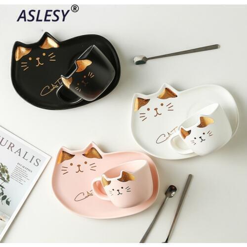 200ML Cartoon Ceramics Cat Mug Set With Saucers Spoon Coffee Milk Mugs Cute Creative Breakfast Drinkware Birthday Gift Porcelain