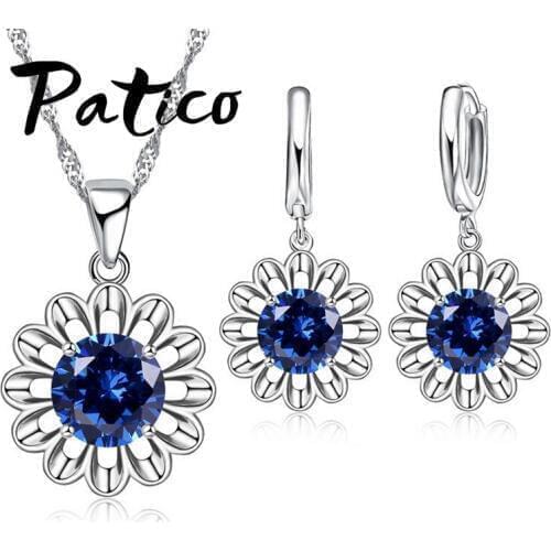 Sparkling 925 Sterling Silver Jewelry Set For Wedding Crystal Daisy Flower Necklace Earrings Set For Women Girls Gifts