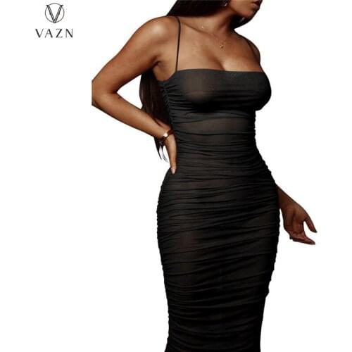 VAZN 2021 New Fashion Hot Sale Women Sexy High Street Style Long Dresses Sleeveless Strapless Pure Color Ankle-Length Dresses