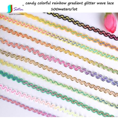 Wholesale Candy Colorful Rainbow Gradient Color Glitter Wave Lace DIY Hand Sew Baby Doll Clothes Skirt Flower Decorative Lace