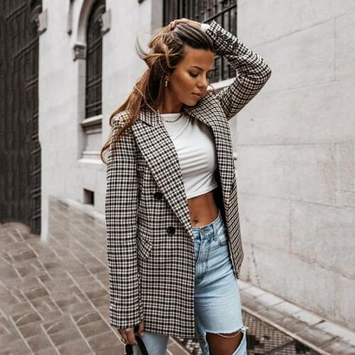Autumn Houndstooth Office Ladies Brazer Notched Collar Pocket Women Loose Jecket Long Sleeves Female Outfits Vintage Coat