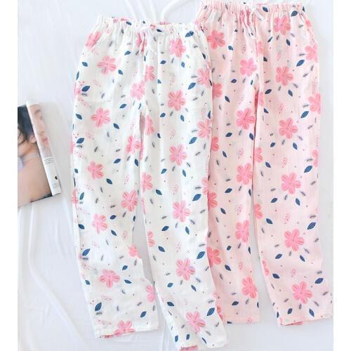 100% Cotton Gauze Pajama Pants Thin Casual Summer Sleep Bottoms Knitted Floral Plus Size Home Wear for Women Pajamas Trousers