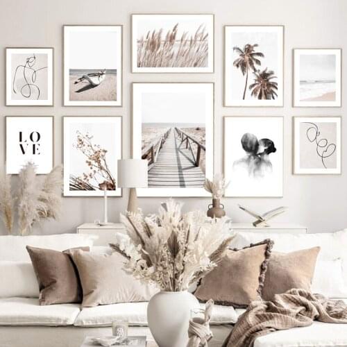 Abstract Line Girl Reed Beach Boat Coconut Nordic Posters And Prints Fall Art Canvas Painting Wall Pictures Living Room Decor