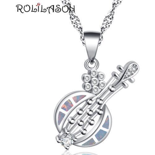 ROLILASON Popular gift Guitar shape white Fire Opal silver color Stamped Necklace Pendant Fashion Jewelry for Women OP815