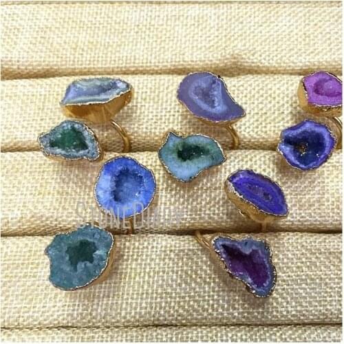 RM930 5Pcs Discount Double Pure Gold Color Free Form Ring Random Color Agates Geode Ring Adjustable