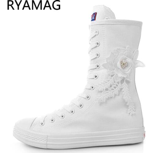 Ryamag 2021 New Womens Canvas Boots mid calf Boots embroidery Flats Casual classicLace-Up Zipper Comfortable Vulcanize Sneakers