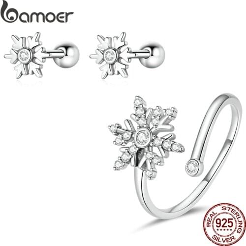 Bamoer 925 Sterling Silver Crystal Snowflake Stud Earrings Open Ring Jewelry Set Snow Winter Christmas Wedding Anniversary Gift