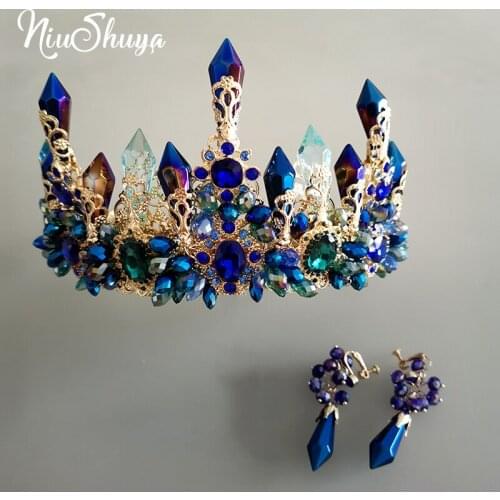 NiuShuya Fashion Handmade Beauty Navy Blue Crystal Wedding Crown Tiara Large Rhinestone Queen Pageant Crowns Headband For Bride