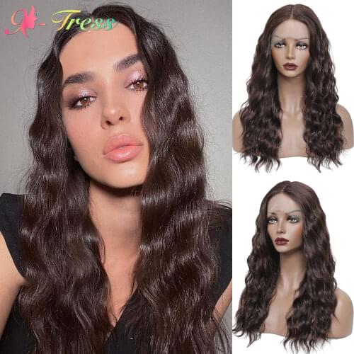 X-TRESS Synthetic Ombre Lace Front Wig Black Colored Long Wavy Wigs for Black Women Free Part Lace Wig with Natural Hairline