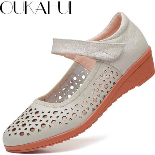 OUKAHUI Size 34-43 Spring Female Genuine Leather Mary Jane Flat Shoes Woman Summer Hollow Breathable Wedges Heel Ladies Flats
