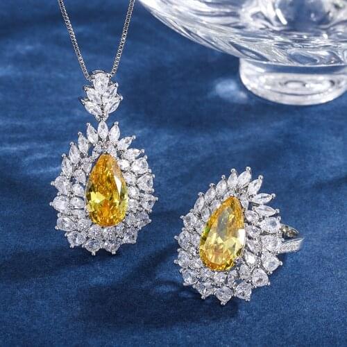 QTT Luxury 925 Sterling Silver Yellow Gemstone Jewelry Sets for Women Diamond Wedding Party Ring Pendant Necklace Set Gift