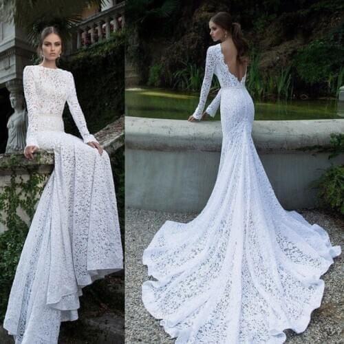 2019 Sexy Women White Lace Backless Maxi Dress Mermaid Big Swing Long Sleeve Dress Wedding Elegant Evening Party Long Dresses