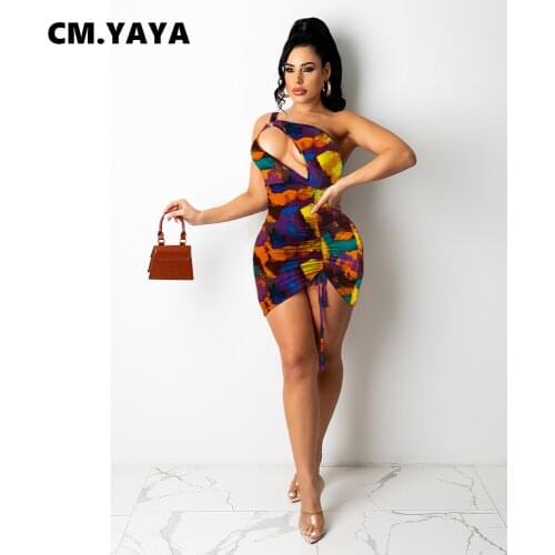 CM.YAYA Women Mini Dress Print One Shoulder Sleeveless Cut Out Shirring Stretchy Bodycon Dresses Sexy Night Clubwear Summer 2021
