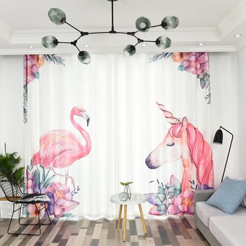 2PCS Nordic Style Curtains Flamingo and Unicorn Pattern Finished Curtain Modern Blackout Curtain for Livingroom Kids Room
