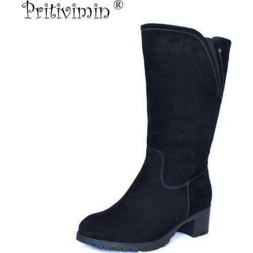 2018 Winter girls warm fur mid calf boots new elegant ladies suede leather handmade shoes women footwear Pritivimin FN26