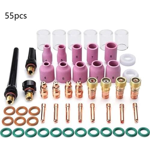 55 PCS TIG Welding Torch Accessories Kit Alumina Nozzle Stubby Gas Lens 10 Pyrex Cup Kit For TIG WP-17/18/26 Dropshipping