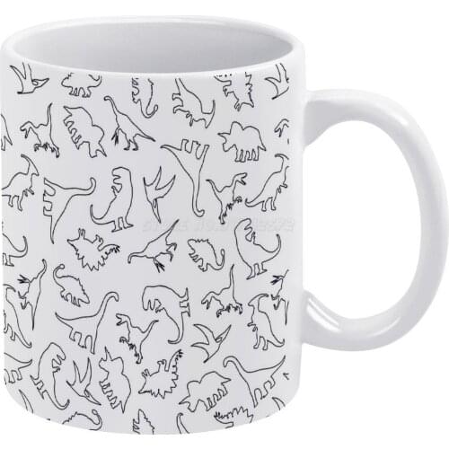 Dinosaur Pattern Outline ( Dark Outline ) White Mug Custom Printed Funny Tea Cup Gift Personalised Coffee Mug Dinosaur Dinosaurs