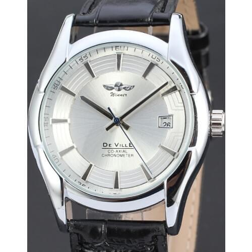 WINNER New Brand Watches Men Classic AUTO Date Mechanical Relogio Stainless Steel Case Black Casual Leather Band Watch