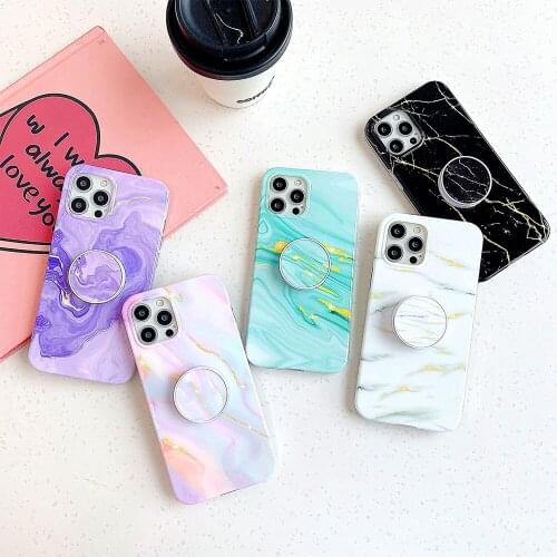 High Permeability Gold Marble Texture 3D Handle Bracket Cover for iphone 11 12Pro MAX XS XR 7 8plus Thickened IMD Phone Case