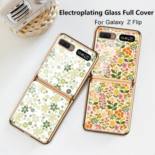 Romantic Flowers Pattern Glass Phone Shell For Samsung Galaxy Z Flip Case Plating Frame Light Ultra-thin Protective Fitted Funda