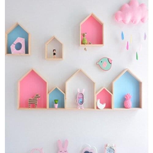 Wooden Storage Bedroom Storage Rack Box Nordic House Shaped Decorative Wall Hanging Shelf