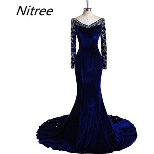 Elegant Royal Blue Velvet Mermaid Prom Dresses Long Sleeves Spring Fall Custom Made High Quality Elegant Robe De Soiree Vestidos