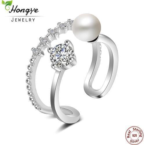 Hongye Adjustable Freshwater Pearl Open Ring Solid 925 Sterling Silver Jewelry Double Circle Casual Women Rings Luxury Love Gift