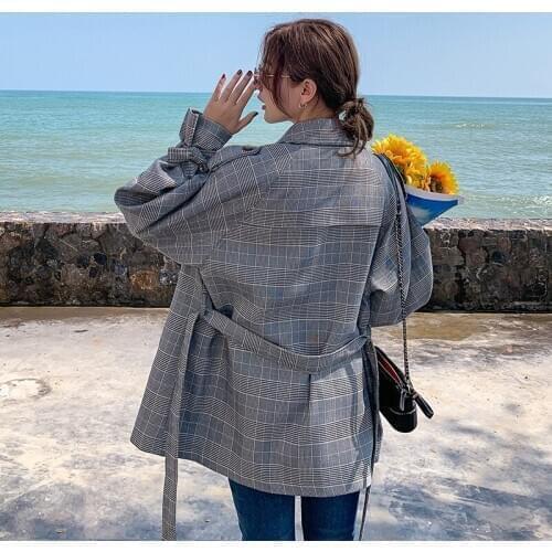 2020 New Coat Female Korean Spring Plaid Striped Loose Jacket Autumn Mid-length Windbreaker Women Double-breasted Tops R65