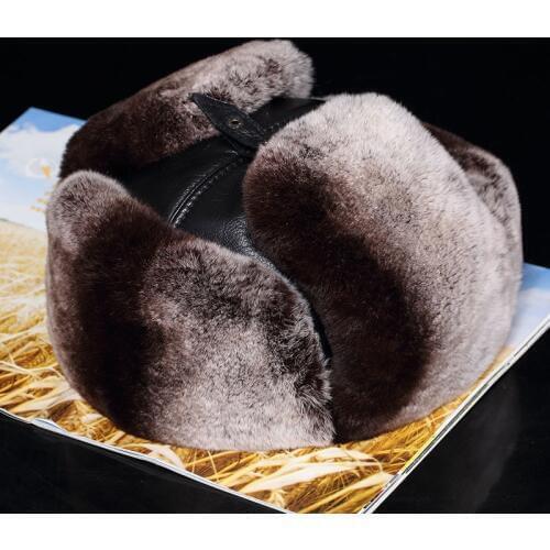 Lantafe Men Hat Winter Hat Bomber Hats Lei Feng Cap Russian Rex Rabbit Fur Sheep Leather With Earmuffs Keep Warm Real Fur