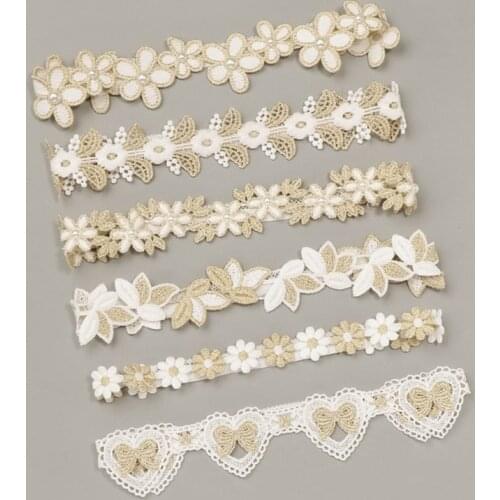 10pcs/lot Lace Embroidery Flower Stetch Headband White And Gold Flower Stretchy Fine Hairband Baptism Little Girl Elastic Band
