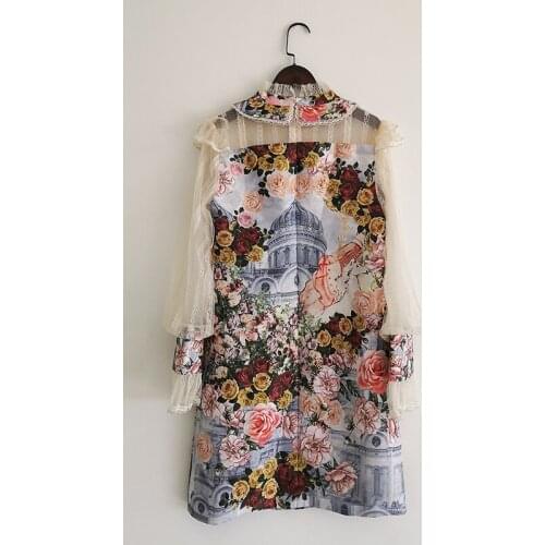 Runway Fashion Jacquard 2021 Spring Summer Lace Sequined Collar Cartoon Flower Print Elegant Party Mini Dress