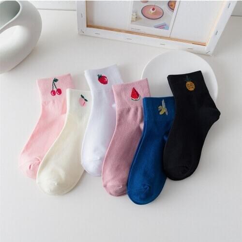 Embroidered Cherry Pink Cartoon Fruit Banana Socks Girl Warm Cute Winter Casual Women Funny Kawaii Short Happy Cotton Socks