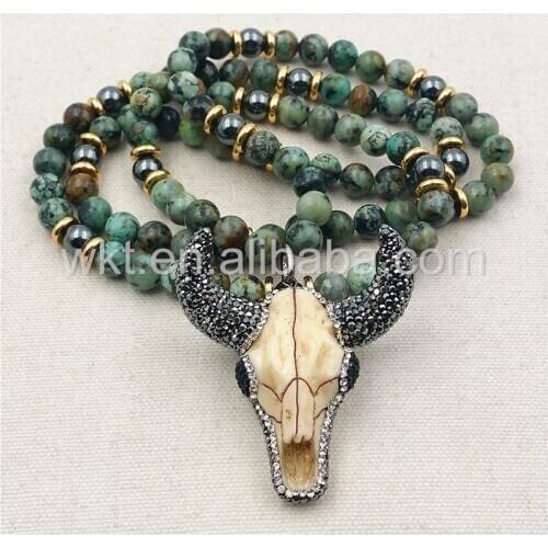 WT-N858 Wholesale 32" Beads Cattle Necklace Design Jewelry,8mm Africa Howlite Beads Cattle Necklace Charm Rhinestone Paved