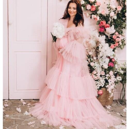 Pink Maternity Dresses Tiered Skirts V Neck Maternity Gown for Photoshoot Boudoir Lingerie Robes Bathrobe Nightwear Baby Shower