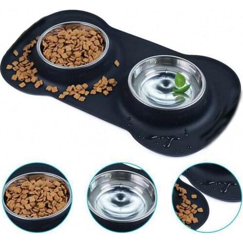 Silicone Pet Placemat Non-slip Stainless Steel Dog Cat Double Bowl Feeding Feed Water Bowls Prevent Dripping Dinner Plate Pad