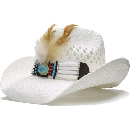 Chicken Feather Band Casual Hollowed Out Women Men Retro Raffia Straw Wide Brim Beach Cowboy Cowgirl Western Sun Hat (58cm