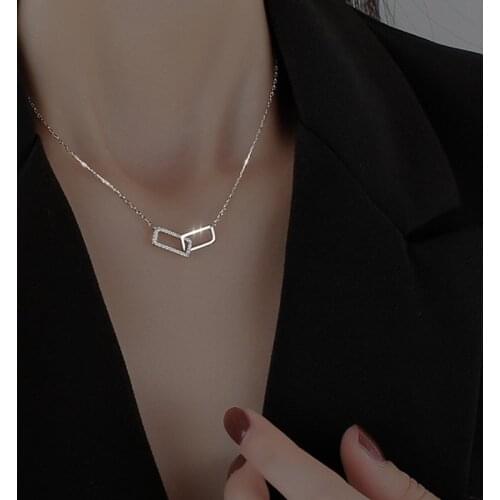 Rhinestone Square Pendant Necklace For Women 2021 Korean Simple Geometry Clavicle Neck Chain Double Ring Choker Jewelry Charm
