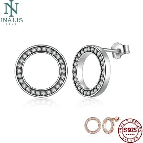 INALIS Hot Fashion 100% Real 925 Sterling Silver Lucky Forever Circular Stud Earrings For Women Authentic Original Jewelry Gift