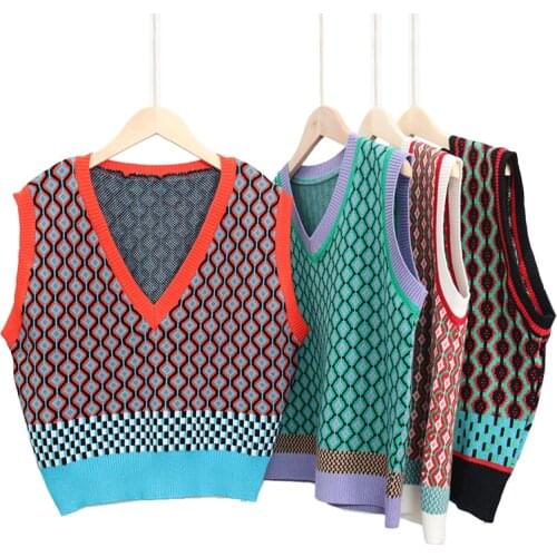 2021 Vinatge Argyle Sweater Vest Women Autumn Winter V Neck Sleeveless Knitted Vest Female Sleeveless Jacket gilet femme