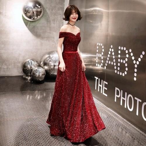 Bling Sequins Burgundy Elegant Qipao Red Long Bridal Wedding Dress Female Sexy Off Shoulder Noble Robe De Soiree Cheongsam