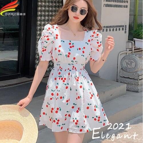 Elegant Dresses For Women 2021 Summer New Arrivals Short Pull Sleeve Cherry Floral White Or Black Square Collar Mini Dress