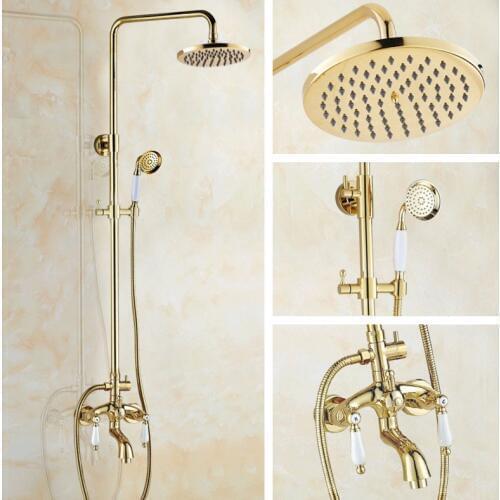 Gold Color Brass Bathroom Shower Bath Faucet Dual Handles Wall Mount Shower Mixer Taps 8" Rain Shower Head zgf434