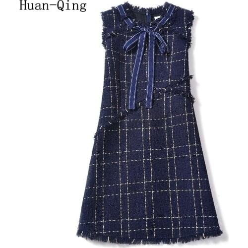 2020 Spring Vintage Plaid Tweed Vest Dress Ladies Sexy Sleeveless Lace-up Bow Tassel Tank Dress Runway Women Party Mini Dresses